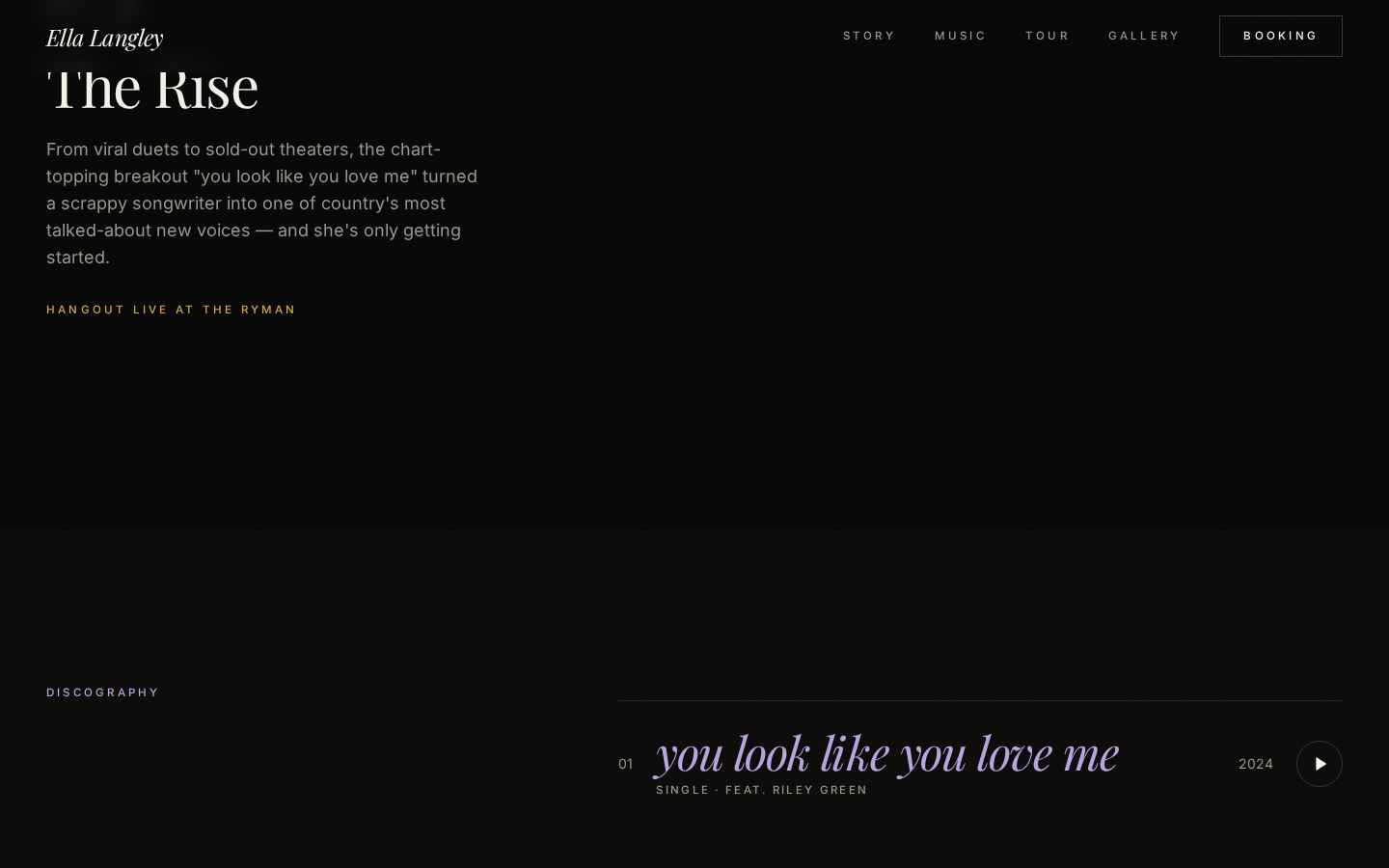 Ella Langley website — tour announcement ticker section